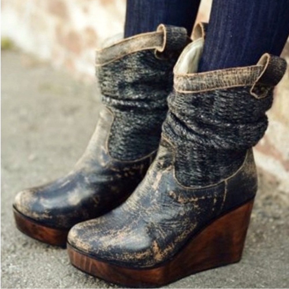 NEW BED STU Bruges Slouchy Leather Wedge Boots Size 8.5 Distressed - Picture 2 of 16